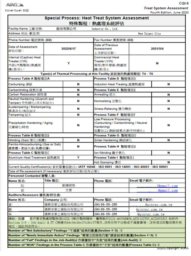 AIAG CQI 特殊製程評核證明